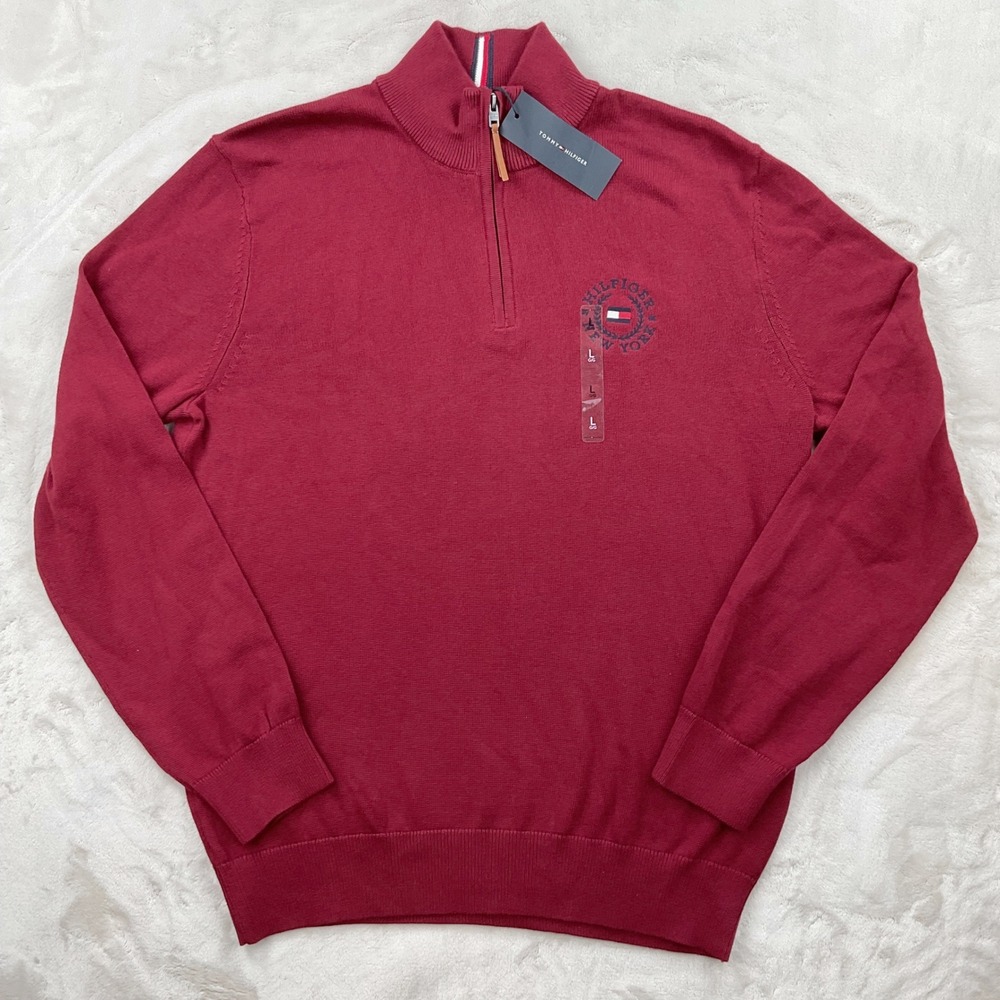 Tommy Hilfiger Mens Quarter Zip Sweater Burgundy Red Crest Logo L XM04984 600